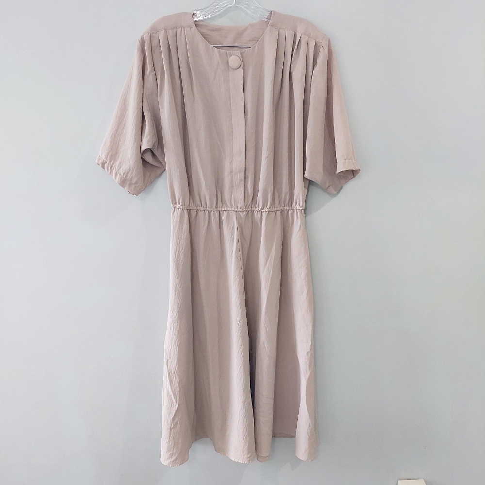 Sandy Sandy Vintage Midi Dress size 12 Beige tan short sleeve elastic waist